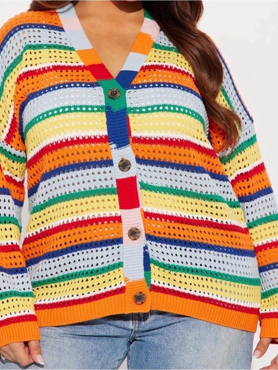 Fashion Nova Sweaters - Multicolor Striped Open-Knit Button Cardigan Sweater - Women